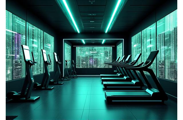 Contemporary home gym with integrated smart tech, dynamic lighting, and futuristic design